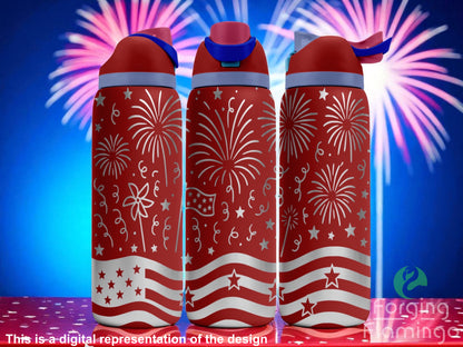 Three red Owala tumblers with laser-engraved 4th of July designs featuring fireworks, stars, waving stripes, and a flag, creating a festive patriotic theme. Displayed against a bright night sky with colorful fireworks bursting in the background. Forging Flamingo logo appears in the bottom right corner.
