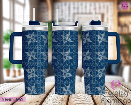 Mockup image of the 8 Point Star Quilt Tumbler Wrap SVG by Forging Flamingo, displayed on three tumblers featuring patchwork-inspired quilt blocks with eight-pointed stars arranged in a seamless geometric wrap. Digital design shown for 20oz, 30oz, and 40oz tumblers.