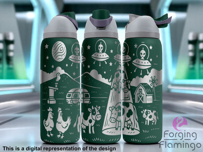 Three dark green Owala tumblers with laser-engraved alien abduction farm scene, featuring UFOs beaming up cows, chickens, a barn, planets, and stars. Displayed in a sci-fi styled environment with a glowing metallic backdrop. Forging Flamingo logo appears in the bottom right corner.
