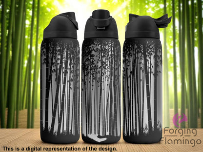 Three black tumblers with flip-top lids, engraved with a tall bamboo forest design in silhouette style, displayed against a bright green bamboo grove background. Text below reads “This is a digital representation of the design.”
