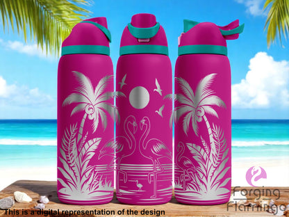 Three bright pink tumblers with flip-top lids, engraved with a tropical beach scene featuring flamingos, palm trees, birds, and a sun, displayed against a sunny beach background with turquoise ocean, blue sky, and palm fronds. Text below reads “This is a digital representation of the design

