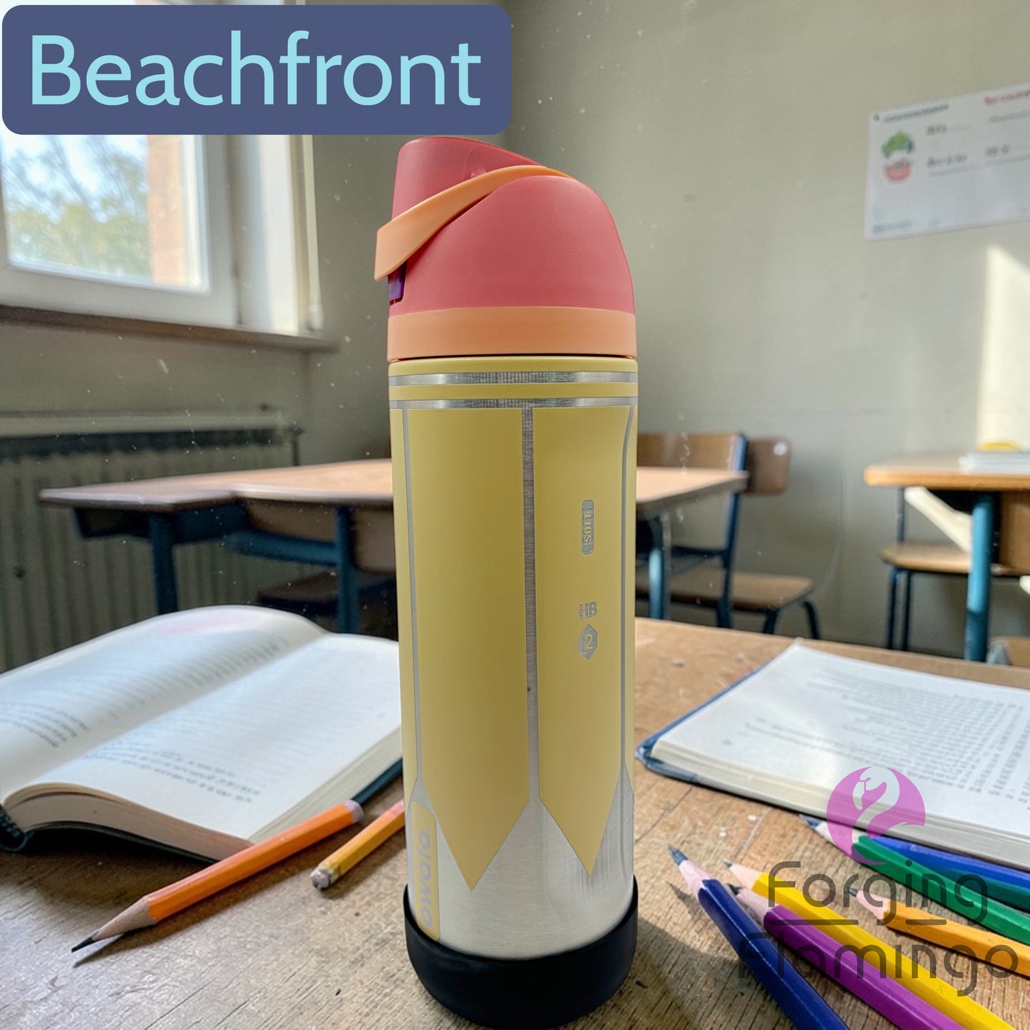 Colorful thermos bottle on a desk with books and pencils in a classroom setting