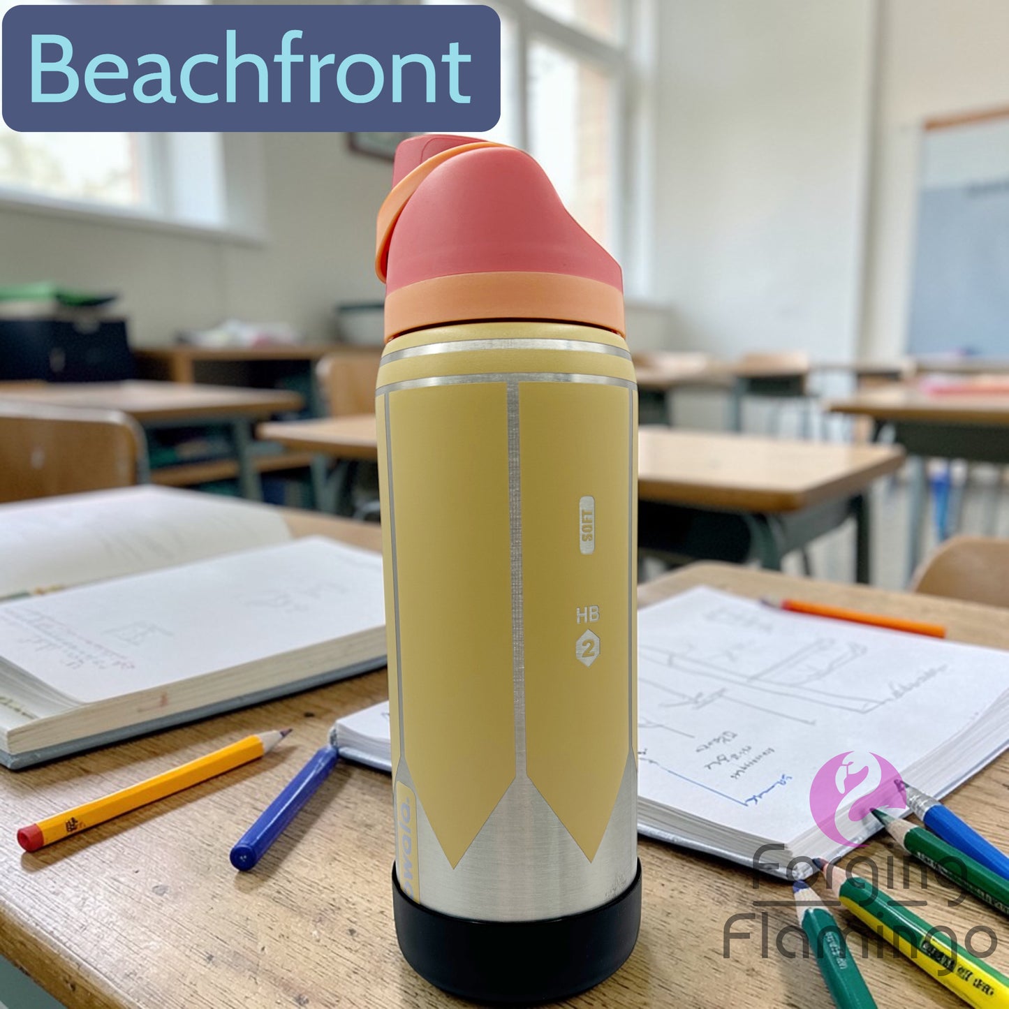 Yellow water bottle with a purple lid on a desk with books and stationery in a classroom setting.