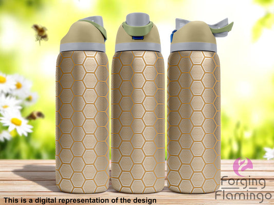 Three stainless steel tumblers with a beige and gold laser-engraved honeycomb pattern wrapping around the entire cup. The honeycomb cells have a subtle textured appearance. The background features a bright spring scene with blurred greenery, daisies, and bees in flight. Text at the bottom reads “This is a digital representation of the design.”
