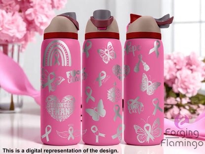 Three bright pink Owala tumblers with laser-engraved breast cancer awareness designs, including ribbons, butterflies, hearts, sunflowers, and motivational phrases like “Hope” and “Stronger Than Cancer.” Displayed indoors with soft lighting and pink floral decor in the background. Forging Flamingo logo appears in the bottom right corner.
