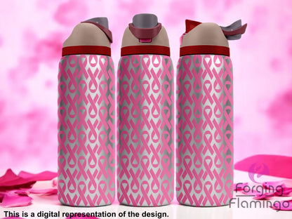 Three stainless steel tumblers with flip-top lids, engraved with an all-over pattern of pink awareness ribbons, displayed against a soft pink background with scattered rose petals. Text below reads “This is a digital representation of the design.”
