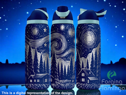 Three dark blue tumblers with flip-top lids, engraved with a swirling night sky, stars, moon, pine trees, and cozy cabin landscape, displayed against a starry night background. Text below reads “This is a digital representation of the design.”
