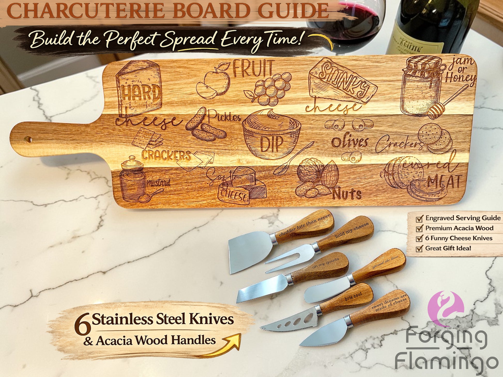 Wooden charcuterie board with engraved designs and six stainless steel knives on a marble surface.