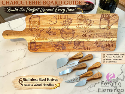 Wooden charcuterie board with engraved designs and six stainless steel knives on a marble surface.