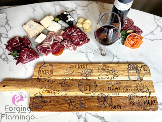 Wooden charcuterie board with engraved text on a marble surface with a glass of red wine and assorted meats and cheeses.