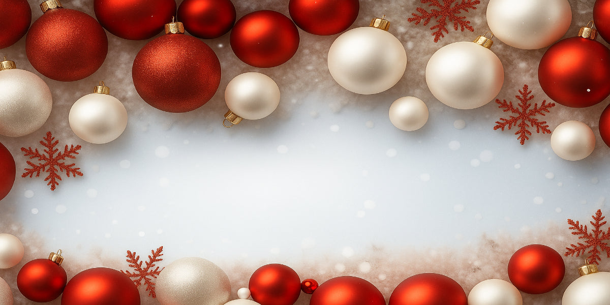 Christmas Ornaments in red & white at the top of the screen with snow falling down