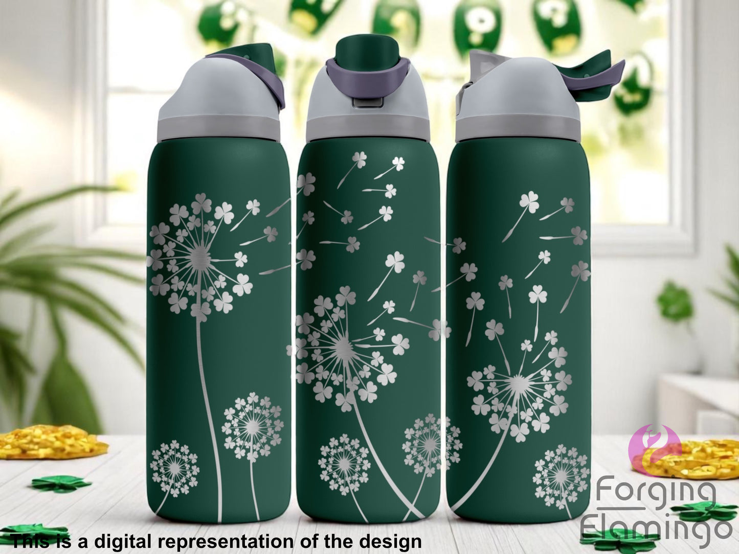 Three dark green stainless steel tumblers featuring a laser-engraved design of large dandelions made of four-leaf clovers. Clover leaves appear to be blowing away from the flowers across the surface of each cup. The background shows a bright room decorated with shamrocks and gold coins, giving the scene a festive St. Patrick’s Day vibe. Text at the bottom reads “This is a digital representation of the design.”
