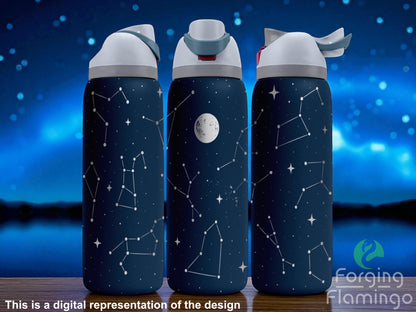 Three navy blue Owala tumblers with laser-engraved constellations and a detailed moon illustration, featuring star clusters and connecting lines. Displayed on a wooden surface with a glowing night sky and lake in the background. Forging Flamingo logo appears in the bottom right corner.
