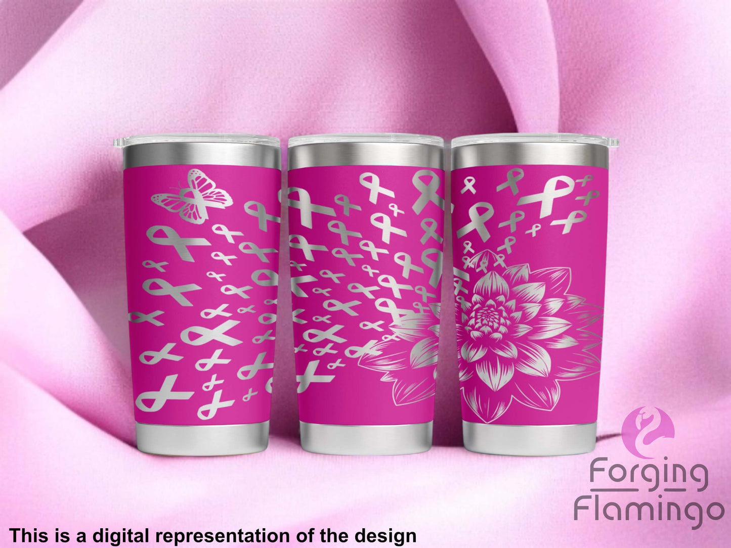 Non-Branded Dahlia Pink Ribbon Breast Cancer Laser-Engraved Tumbler (Filled Ribbon)