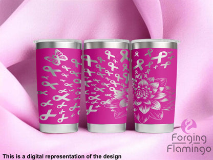 Non-Branded Dahlia Pink Ribbon Breast Cancer Laser-Engraved Tumbler (Filled Ribbon)