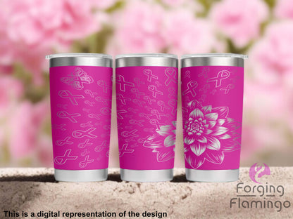 Non-Branded Dahlia Pink Ribbon Breast Cancer Laser-Engraved Tumbler (Filled Ribbon)