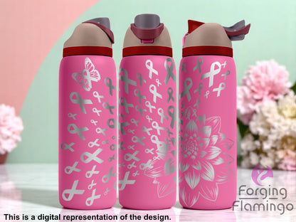 Three pink tumblers with flip-top lids, engraved with a cascading pattern of awareness ribbons, a butterfly, and a large blooming flower, displayed against a soft pastel background with pink and cream flowers. Text below reads “This is a digital representation of the design.”
