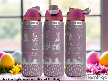 Three mauve Owala tumblers with laser-engraved Easter-themed designs featuring bunny-eared gnomes, eggs, floral accents, and silhouettes of rabbits and chicks. Displayed in a soft pastel spring setting with Easter eggs and flowers. Forging Flamingo logo appears in the bottom right corner.

