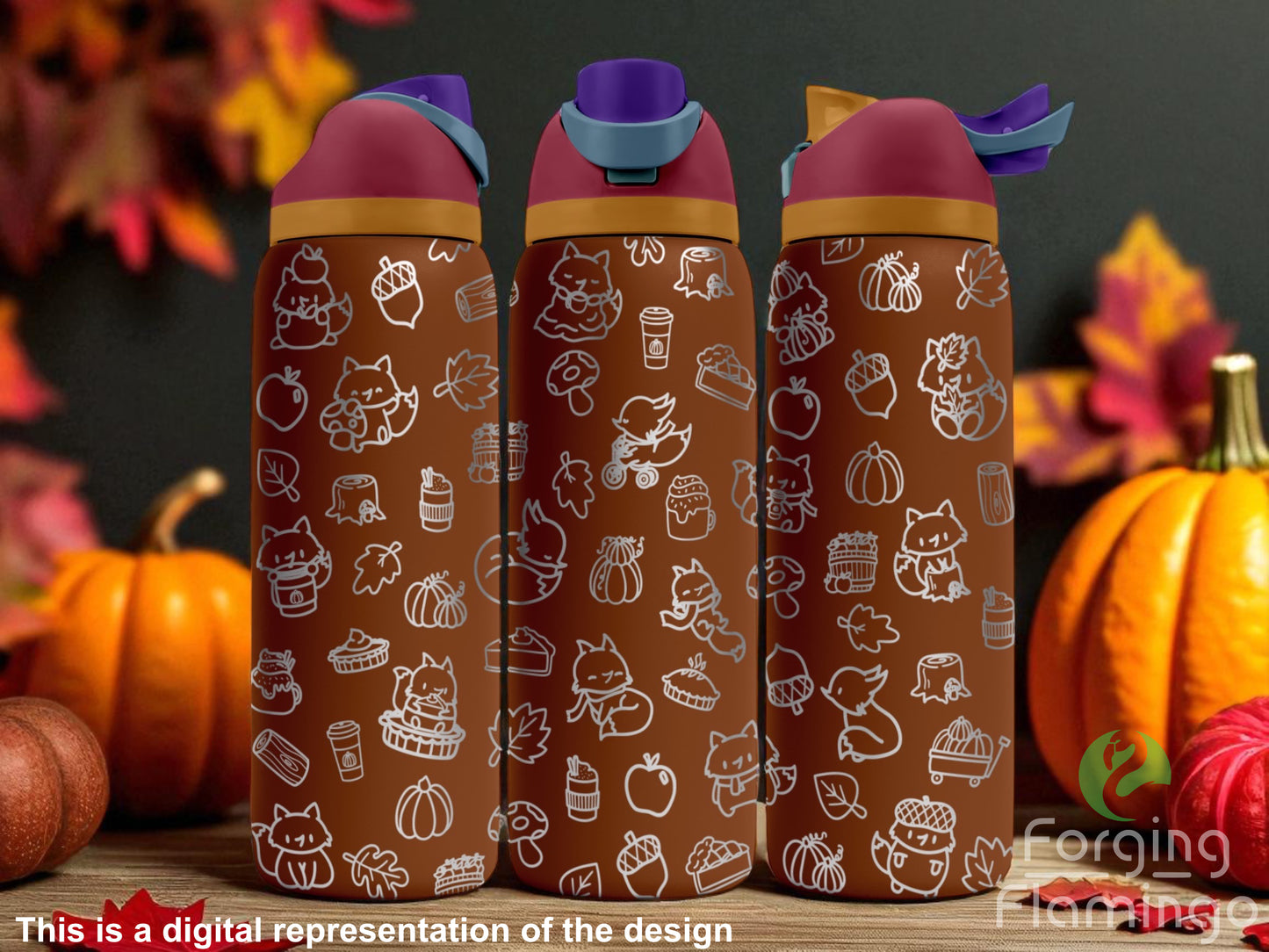 Three brown Owala tumblers with laser-engraved fall-themed doodles including foxes, pumpkins, pies, acorns, and autumn leaves, arranged in a playful scattered pattern. Displayed against a cozy fall background with pumpkins and warm-colored leaves. Forging Flamingo logo appears in the bottom right corner.
