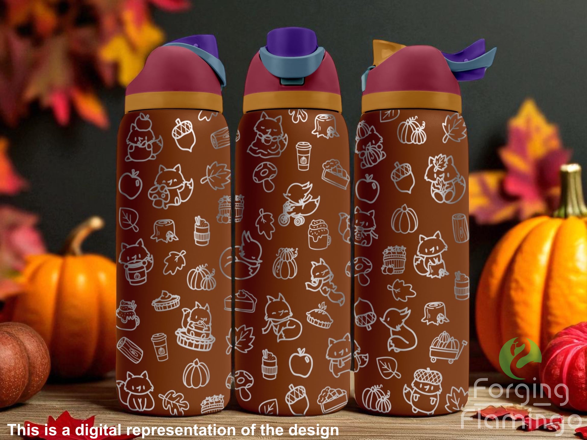 Three brown Owala tumblers with laser-engraved fall-themed doodles including foxes, pumpkins, pies, acorns, and autumn leaves, arranged in a playful scattered pattern. Displayed against a cozy fall background with pumpkins and warm-colored leaves. Forging Flamingo logo appears in the bottom right corner.
