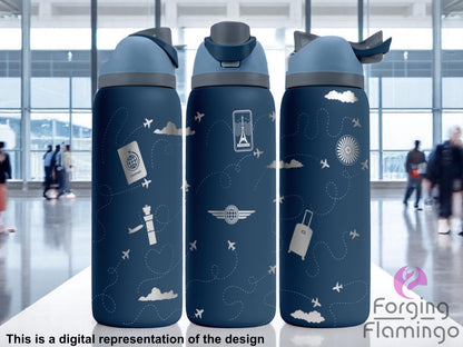Three navy blue Owala tumblers with laser-engraved travel-themed illustrations, including airplanes, luggage, passports, and dotted flight paths, displayed inside an airport terminal with large windows. Forging Flamingo logo appears in the bottom right corner.

