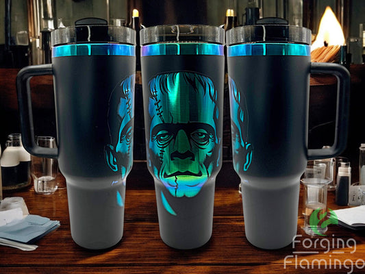 Tumbler with Frankenstein head engraved in it