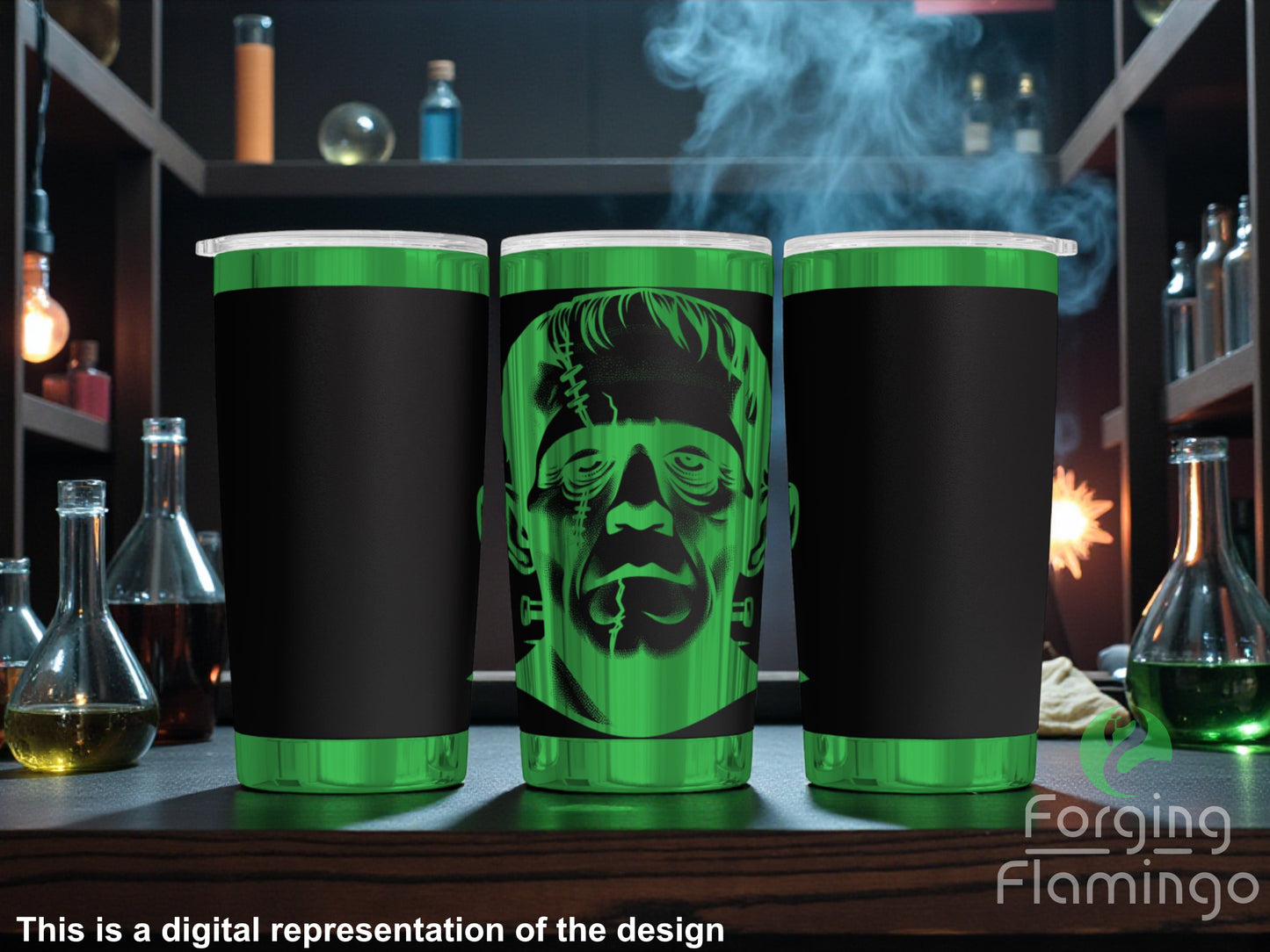 Three green and black cups with a Frankenstein design on a bar shelf.