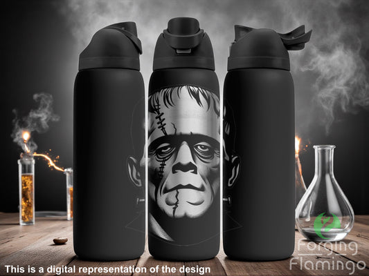 Three black water bottles with a Frankenstein design on a dark background with smoke effects.