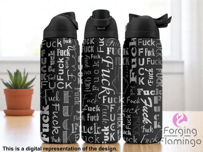 Three black tumblers with flip-top lids, engraved with the word "Fuck" in various fonts and sizes, displayed on a kitchen counter with a potted plant and white background. Text below reads “This is a digital representation of the design.”

