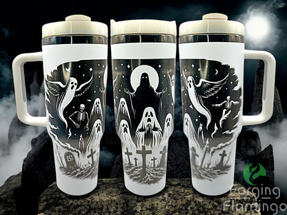 Three tumblers with ghostly illustrations on a dark background