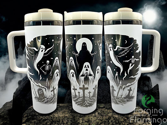Three tumblers with ghostly illustrations on a dark background