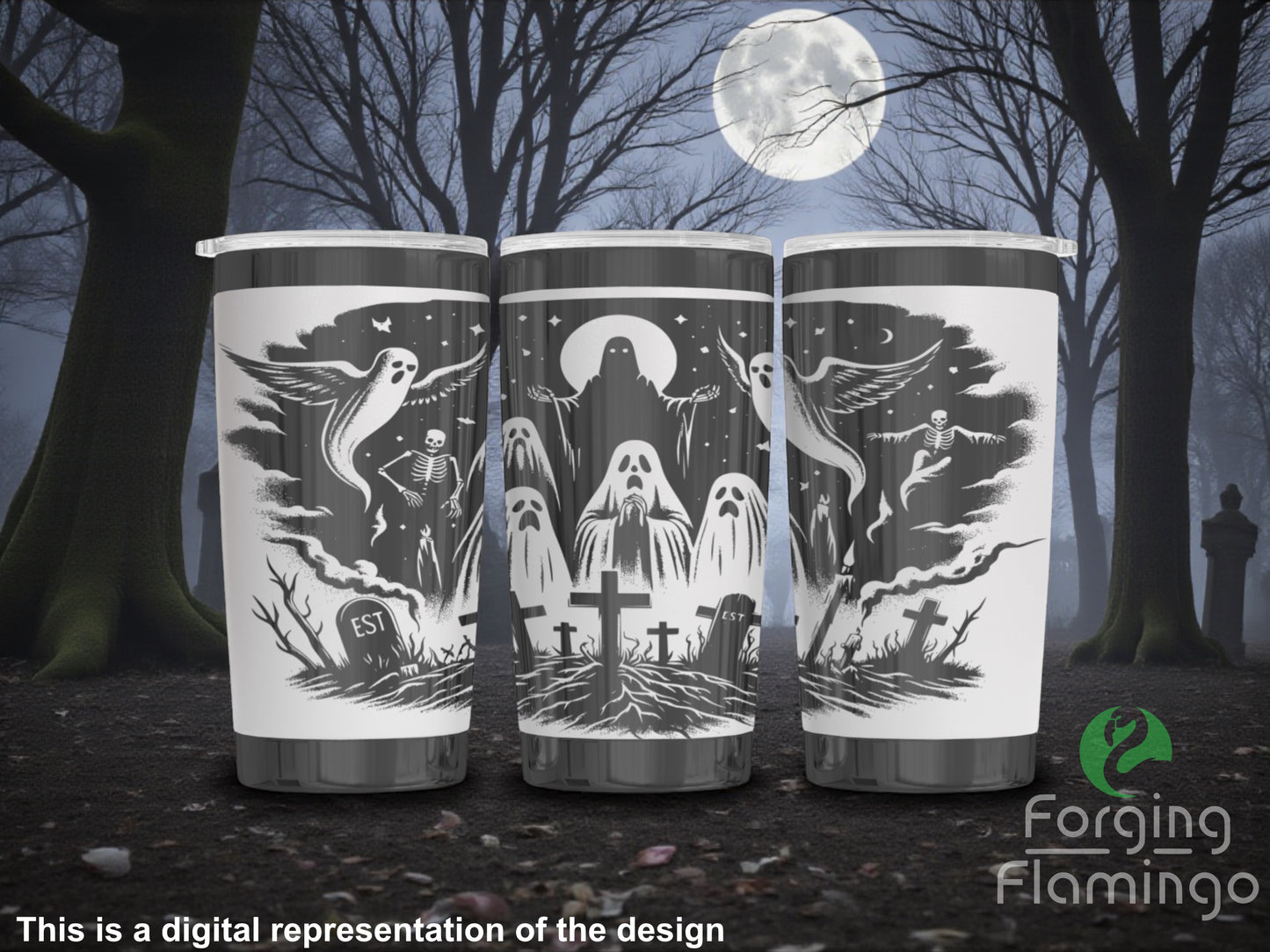 Three tumblers with ghostly design against a dark forest background, featuring the brand 'Forging Flamingo'.