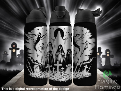 Three black water bottles with ghostly design on a dark background