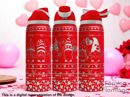 Three red tumblers with flip-top lids, engraved with Valentine’s gnome designs, hearts, arrows, and love-themed patterns, displayed with pink balloons and heart decorations in the background.
