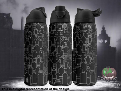 Three black tumblers with flip-top lids, engraved with an all-over pattern of tombstones and grave markers, displayed against a spooky, foggy graveyard background with a glowing jack-o'-lantern. Text below reads “This is a digital representation of the design.”
