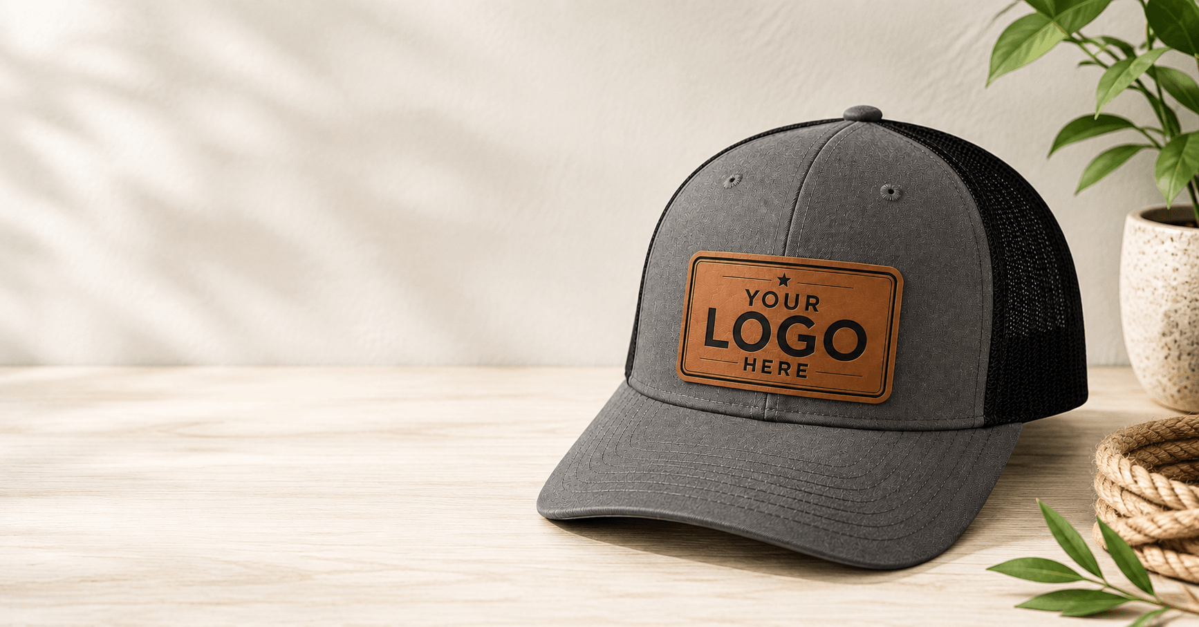 A gray and black trucker cap with a brown faux-leather patch reading 'YOUR LOGO HERE' sits on a light wood tabletop. The background is a warm beige wall with soft leaf shadows, and a potted plant and rope are visible on the right.