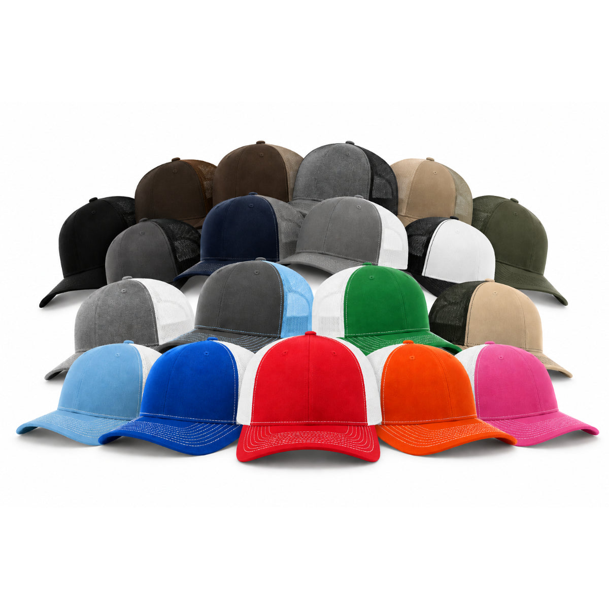 A collection of 20 trucker-style baseball caps in various colors, arranged in three rows against a plain white background.