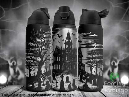 Three black tumblers with flip-top lids, engraved with a haunted house scene featuring a spooky Victorian mansion, bare trees, bats, clouds, and a graveyard, displayed against a foggy, eerie background with ghostly shapes. Text below reads “This is a digital representation of the design.”
