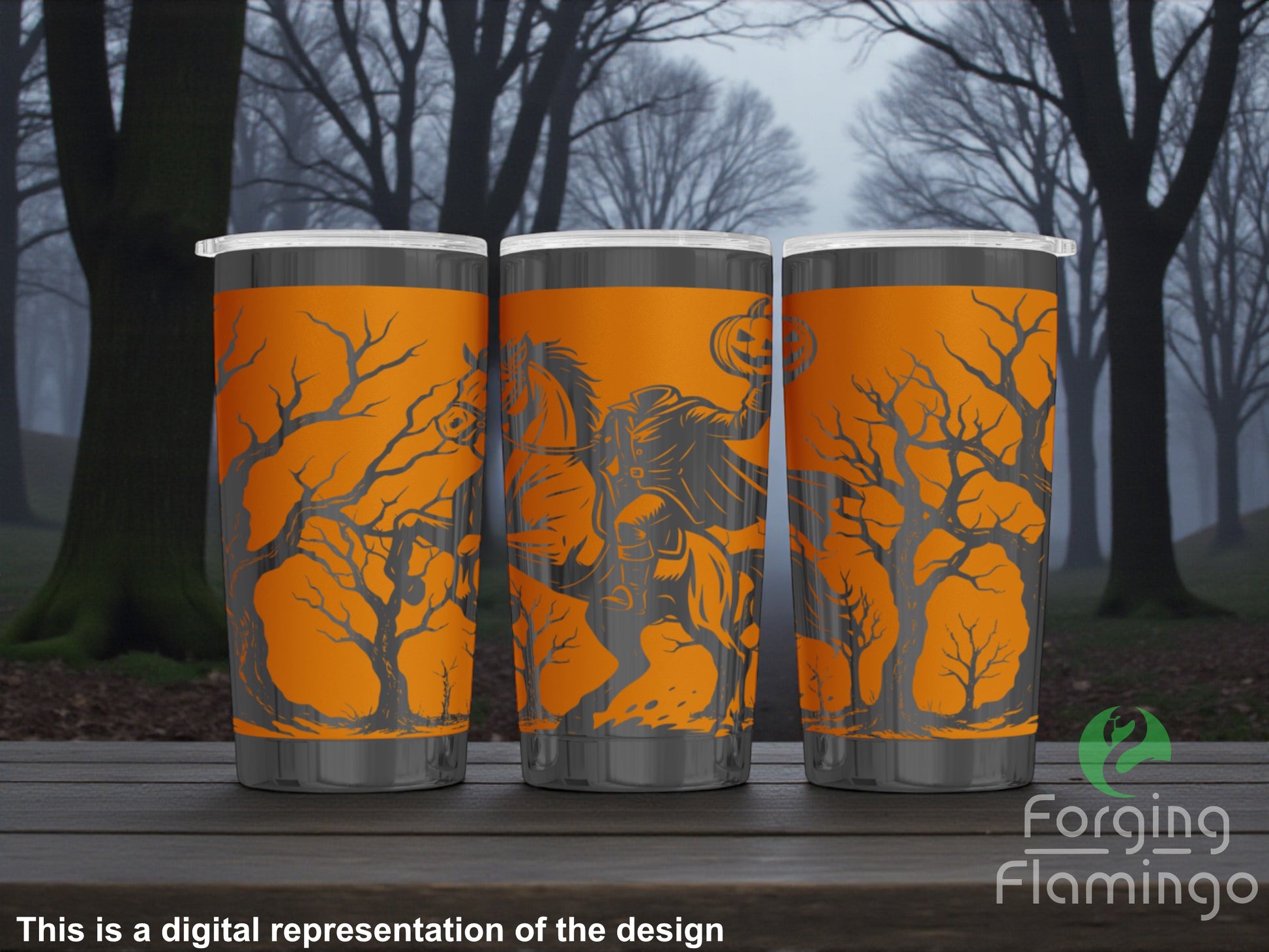 Three tumblers with tree and horse design on an outdoor background, featuring 'Forging Flamingo' branding.