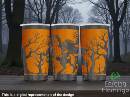 Three tumblers with tree and horse design on an outdoor background, featuring 'Forging Flamingo' branding.