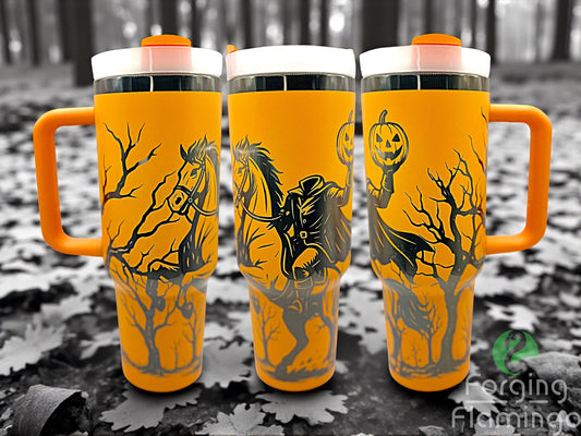 Three orange tumblers with black horse designs on a forest floor background