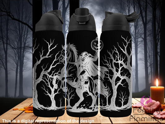 Three black water bottles with white horse designs against a dark forest background.