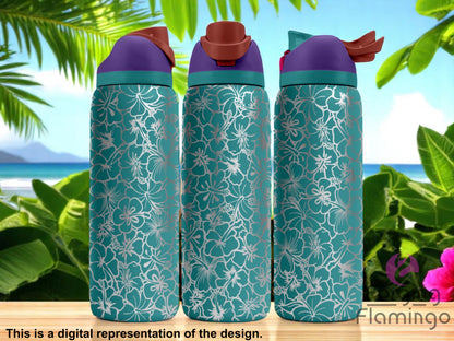 Three teal tumblers with flip-top lids, engraved with an all-over hibiscus floral pattern, displayed against a tropical beach background with palm leaves and ocean view. Text below reads “This is a digital representation of the design.”
