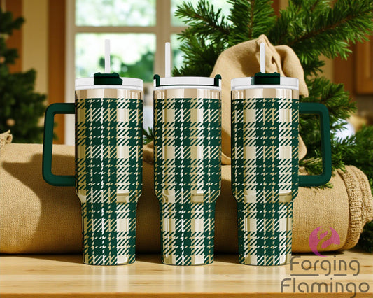 Three plaid-patterned tumblers with green handles on a wooden surface with decorative background.