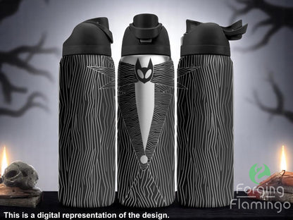 Three black tumblers with flip-top lids, engraved with a pinstripe suit design and a spooky character face with bat-like features, displayed against a dark eerie background with tree silhouettes, candles, and a skull. Text below reads “This is a digital representation of the design.”
