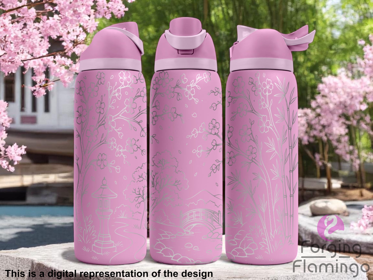 Three pastel pink Owala tumblers with laser-engraved Japanese garden scenes, featuring cherry blossoms, bamboo, a stone lantern, a bridge, and flowing water. Displayed outdoors among blooming trees and a peaceful landscaped garden. Forging Flamingo logo appears in the bottom right corner.
