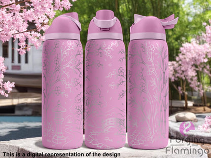 Three pastel pink Owala tumblers with laser-engraved Japanese garden scenes, featuring cherry blossoms, bamboo, a stone lantern, a bridge, and flowing water. Displayed outdoors among blooming trees and a peaceful landscaped garden. Forging Flamingo logo appears in the bottom right corner.
