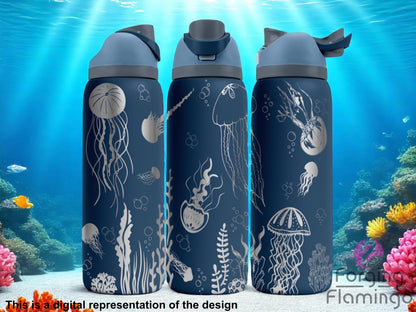 Three navy blue Owala tumblers with laser-engraved jellyfish, seaweed, and bubble illustrations, creating an underwater scene. Displayed against an ocean backdrop with light rays filtering through the water. Forging Flamingo logo appears in the bottom right corner.
