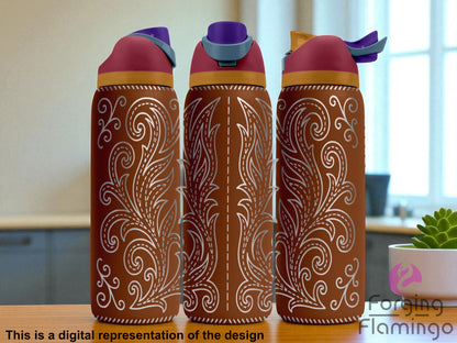 Three brown Owala tumblers with a laser-engraved western leather stitching design featuring flowing paisley scrollwork and stitched accents in white. The pattern wraps seamlessly around the cups. The lids are rose-toned with golden yellow bands and purple spouts. Background shows a softly lit interior with a window and coffee mug. Forging Flamingo logo in bottom right.
