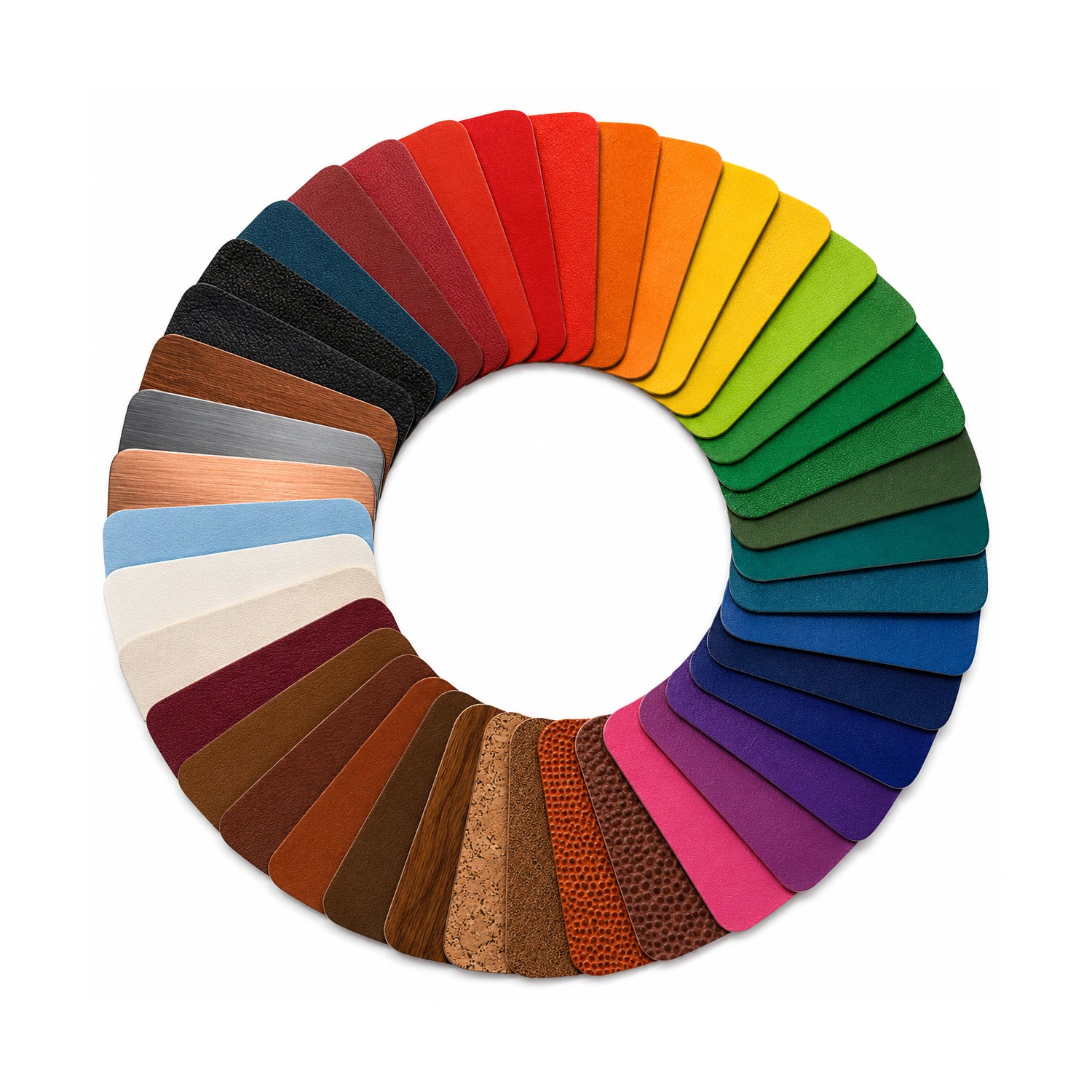 A circular arrangement of textured leatherette color swatches in a rainbow spectrum, displayed on a clean white background.